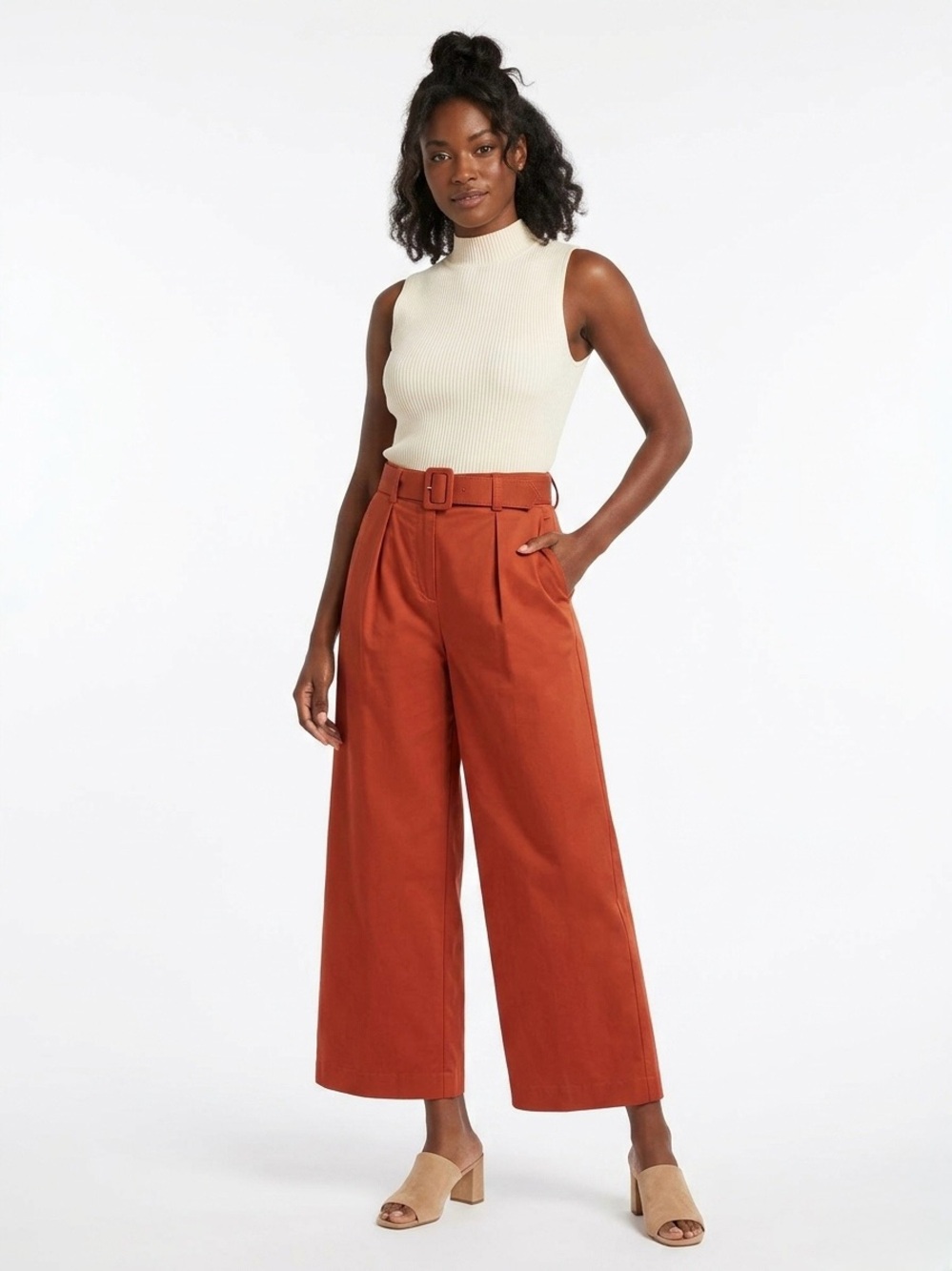 TRINA TURK Sentimental Belted Wide Leg Crop Pants 8 Rust Orange High Rise Pleat